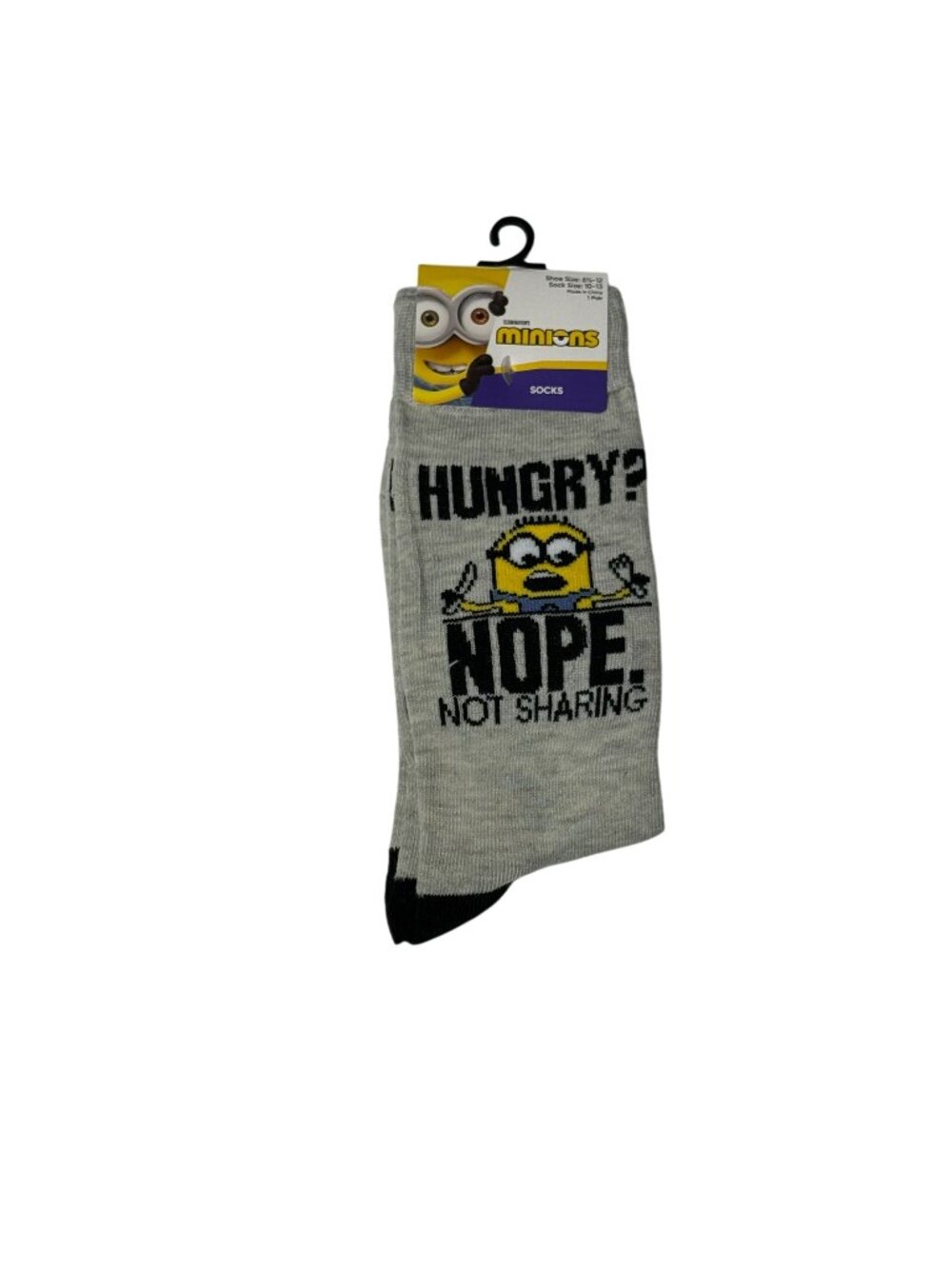 Minions Hungry Nope Not Sharing Crew Socks Gray Funny Novelty One Size NWT